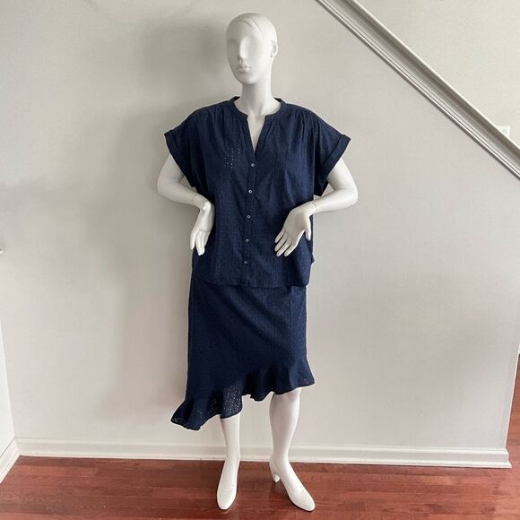 J. Crew Mercantile Blue Skirt Set Navy Blue 2 Piece Short Sleeve XL - Picture 4 of 9